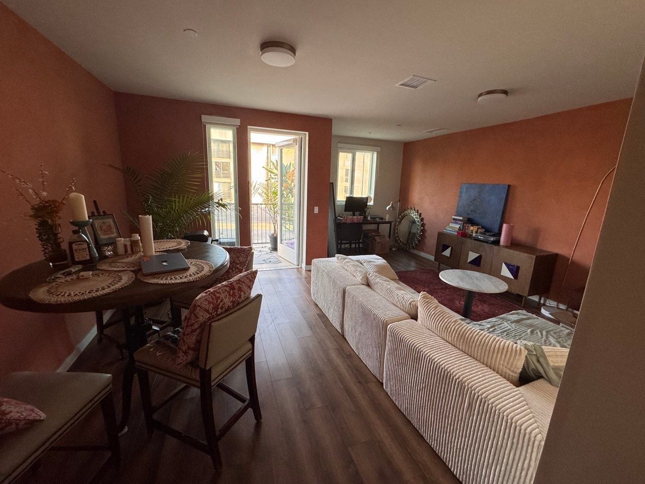 Terracotta Moroccan clay in an open living and dining room